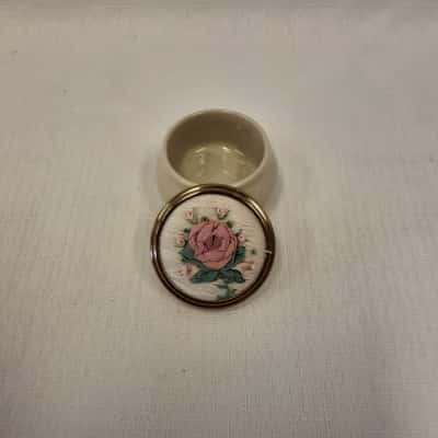 Vintage -style Porcelain Trinket Box With A Hand Embroidered Floral Lid