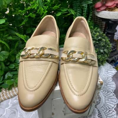 Womens Gold Chain Leather Loafer Shoe 
