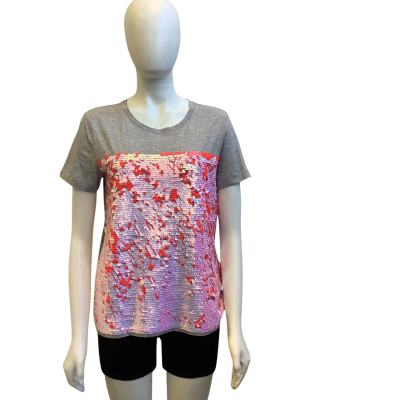 Brand New DKNY Womens  Size S Embellished Fresh Perspective Tee Grey /Coral