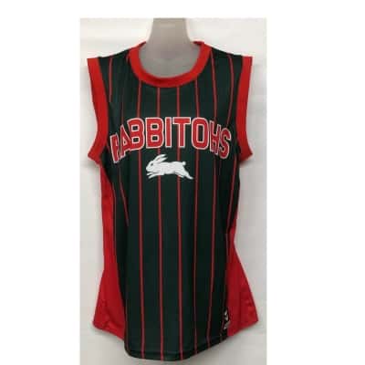 South Sydney Rabbitohs Training Vest Mens  Size M T-Shirt Green / Red Stripes - NRL
