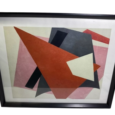 a framed print of Painterly Architectonic (1917) by the Russian avant-garde and Suprematist artist Liubov Popova (1889–1924)