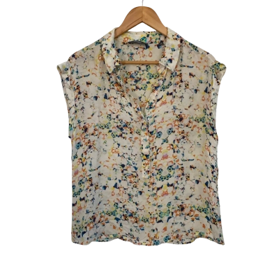 Marcs Womens Silk Size 12 Button Down Top / Short Sleeve Top Multicoloured / Off White 