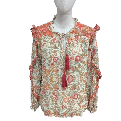  Miss June  Size M Long Sleeve Boho Top Olive / Orange 