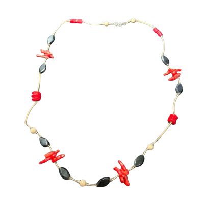 Red Coral and Black Beaded Necklace 