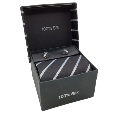 100% Silk Tie w/  Matching Cufflinks and Pocket Square Striped Black and Silver