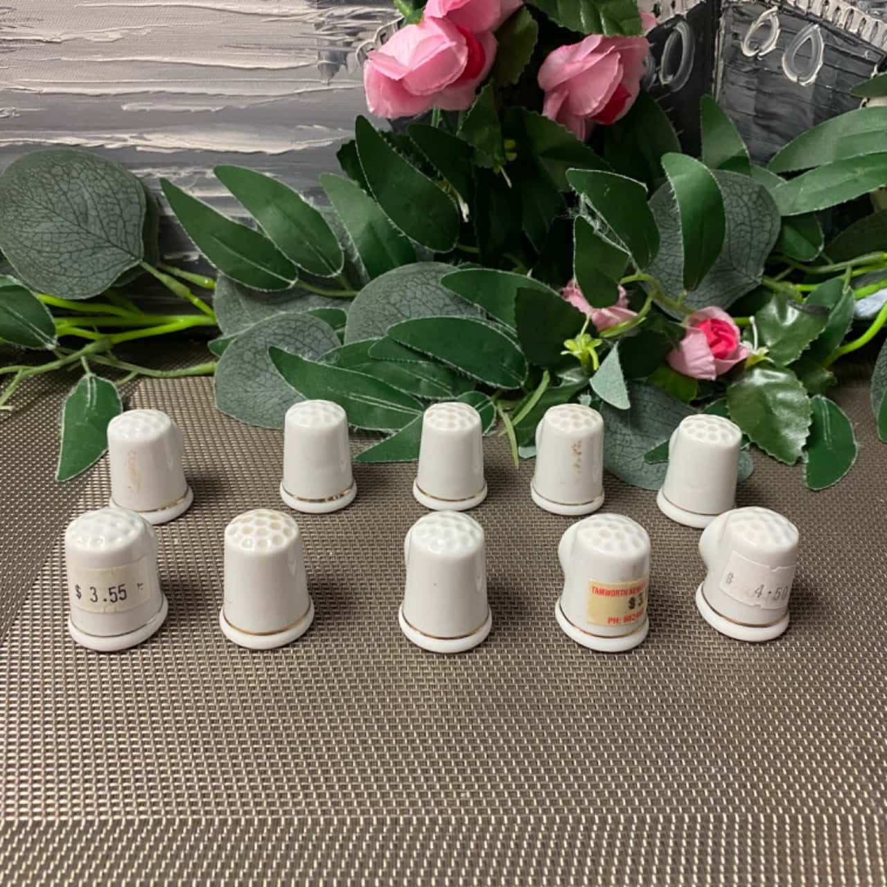 Box 3 white ceramic souvenir thimbles. Please read description.