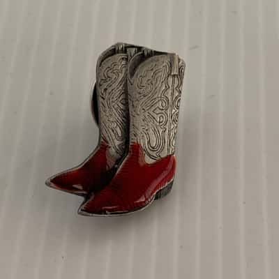 Vintage Silver & Red Enamel Cowboy Boots Lapel Pin / Brooch