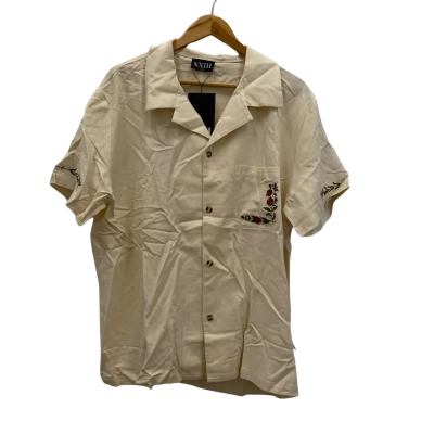 Twenty Three Unisex Size M Short Sleeve Linen Blend Shirt Cream With Embroidery BNWT