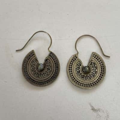 Silver Brass Mandala Style Hoop Small Central Stone Earrings