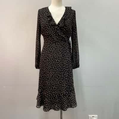 Jacqui-E Womens  Size 6 Midi Chiffon Dress / Wrap Dress Beige / Black  / Polka Dot 