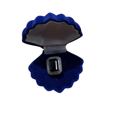 925 Silver & Black Square Gem with Diamanté Edge Women’s Ring in Super Cute Blue Velvet Shell Box