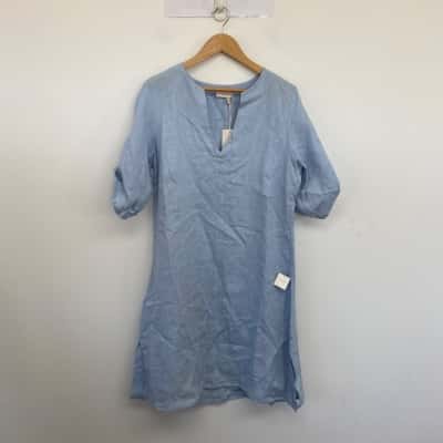 Nomad The Label Blue Linen Short Sleeve Midi Dress  Size M 