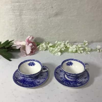 Ascot White / Blue Pattern 2 x Cups and Saucers