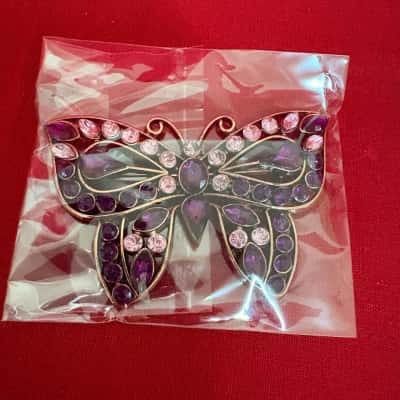  Women's Butterfly Brooch Magical Cerise & Pink Rhinestones in Copper Tones