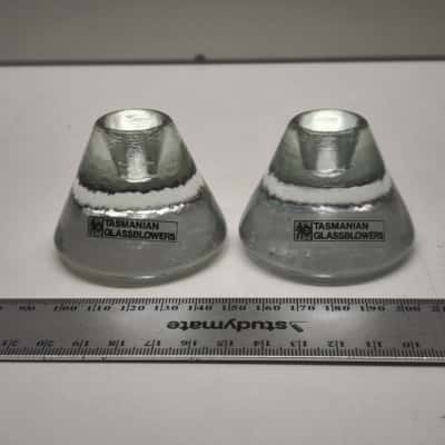 Pair of Tasmanian Glassblowers Art Glass Candle Holders Clear Frosted Band