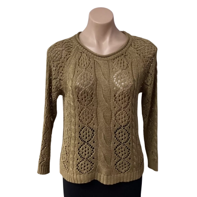 Zaraknit Womens Size L Brown Lacy Cable Pattern Crew Neck Jumper 