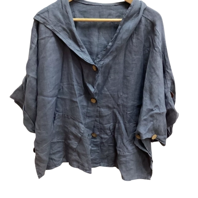  Hooded linen Womens Blouse Blue K