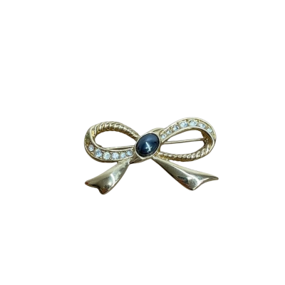 Vintage Gold-Tone Rhinestone And Cabochon Bow Costume Jewellery Brooch