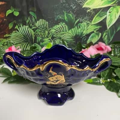 Vintage Japanese 24k gold blue peacocks fruit compote 