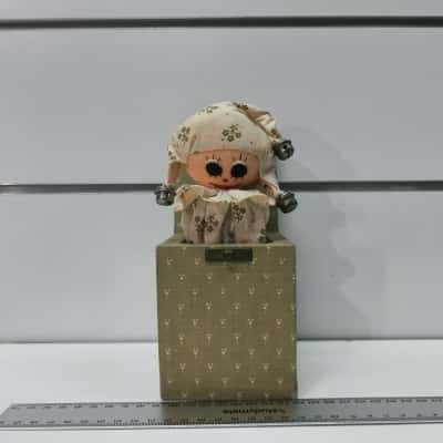 Vintage Fabric Jester Jack-in-the-Box Toy - Retro Musical Pop-Up Clown Doll in Cloth Covered Latch Box with Liberty Bells