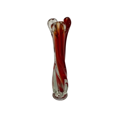 Murano Styled Twisted Cased Art Glass Swung Red & Clear Blown Vase