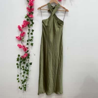 Petal + Pup Womens Halter Neck Grasie Dress Size 8 Olive Green 