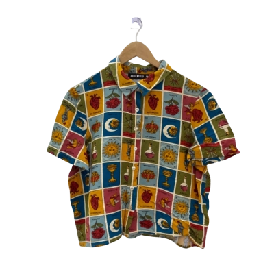 Dangerfield Womens  Size 14 Short Sleeve Shirt Multicoloured "Leave it to Fate" Pattern
