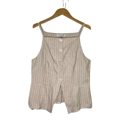 Forever New Womens  Size 12 Button Up Top Beige / Navy Blue / Striped 