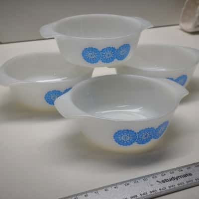 Vintage Fire King Anchor Hocking Milk Glass Bowls Set 4 Blue Floral