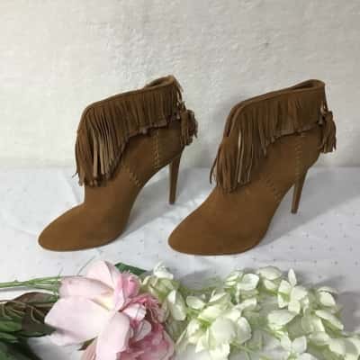 Wittner Bait Womens Size 39 Tan Brown Suede Fringed High Heel Ankle Boots (new)
