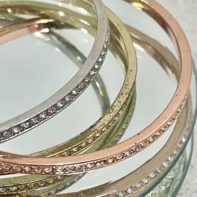 Gold Silver Bronze Diamonte’ Bangles x 3