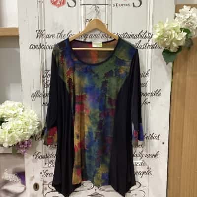 Wishbone Collingwood Brand! 95% SILK 3/4 SLEEVE  LONGLINE BLOUSE Womens  Size XL 3/4 Sleeve Shirt / 3/4 Sleeve Top Black  / Multicoloured / Pattern 