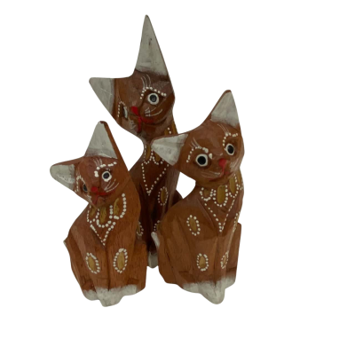 set of 3 small wooden cat figures - light brown & white - circular pattern - hand painted