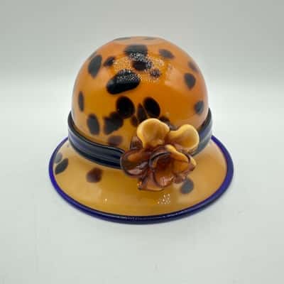 Hand Blown Leopard Print Art Glass Cloche Flapper Hat Bowl