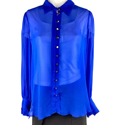 Witchery Sheer Long Sleeve Button Up Shirt Bold Blue - Size 12