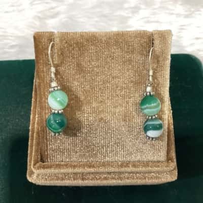 Womens 925 Sterling Silver Green Agate bead Earrings with silver tone spacers