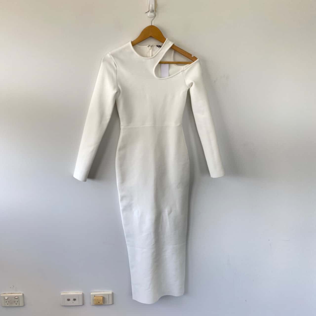 fitted lace wedding dress Berylove Women High Neck Midi White Dress Bodycon Cut Out Long Sleeve Graduation Dress, White / US8