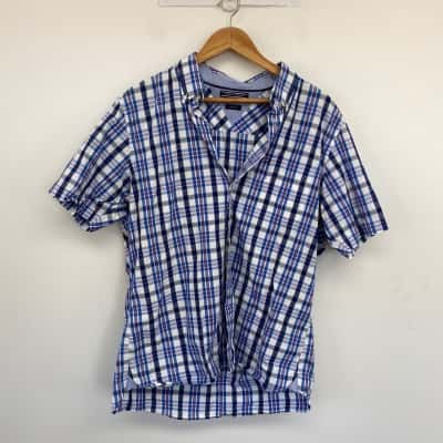 Tommy Hilfiger Blue White Checked Short SLeeve Shirt  Size XL 