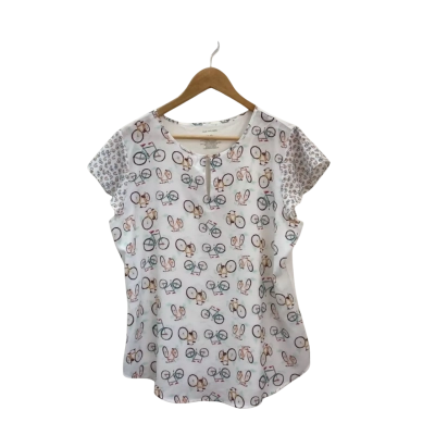 Van Heusen Womens  Size L Short Sleeve Top Bike Pattern / White 