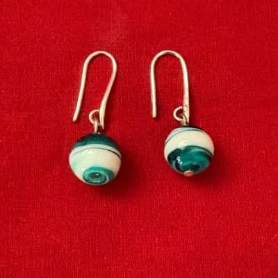  Women's Handcrafted Lampwork Glass Bead Earrings features Teal Blue And White Swirls