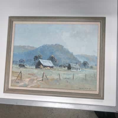 Vintage Stephen Franks Winter Morning Original Signed Australian Bush Landscape Oil Painting – Framed Outback Shed & Gums PreOwned 