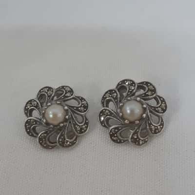 Sterling Silver Marcasite Clip On Earrings