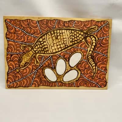 Indigenous Aboriginal Wire Burnt and Hand-painted Goanna and eggs