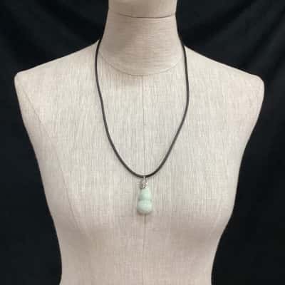  Jadite Calabash Pendant Silver Leaf Clasp on Leather Cord  Necklace Green 