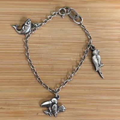 Charm Bracelet With Parrot/Toucan/Fish Charms (Stamped STG.SIL)
