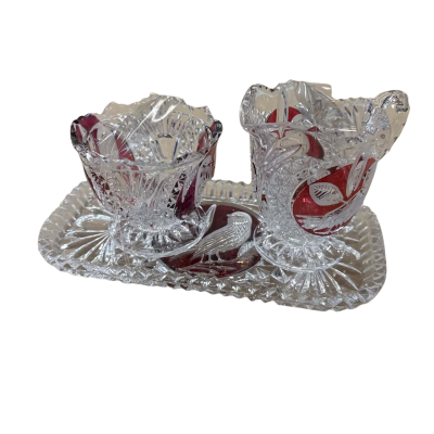 Hofbauer Byrdes Red Birds Lead Crystal Creamer & Sugar (Lid Missing) with Tray