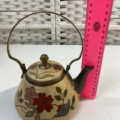 Brass Floral Teapot with Vibrant Enamels Art deco