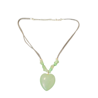  Womens Necklace Green Adventurine heart and stones on black leather