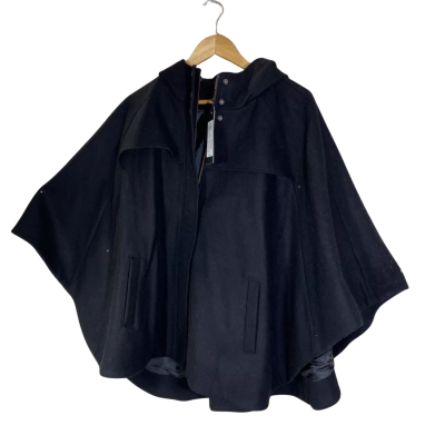 ONLY Womens  Size S black wool-blend cape coat featuring a funnel neck, vertical welt pockets, a hidden front closure placket, and a curved hemline.