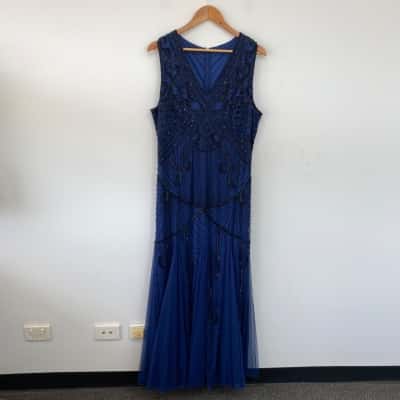 Flirt By Mark Blue Embellished Mesh Sleeveless Maxi Dress Size 20